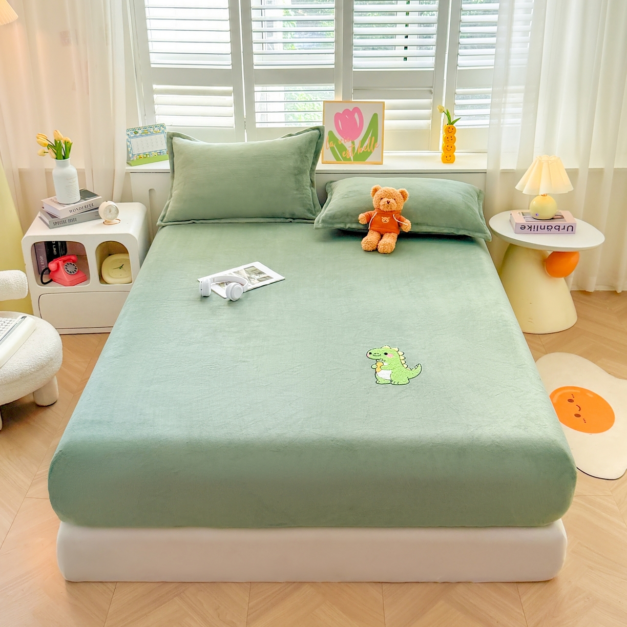湘之帛 2025新款牛奶绒印花床笠 小恐龙-草绿