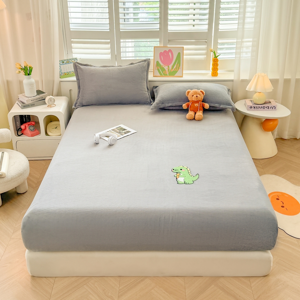 湘之帛 2025新款牛奶绒印花床笠 小恐龙-灰色