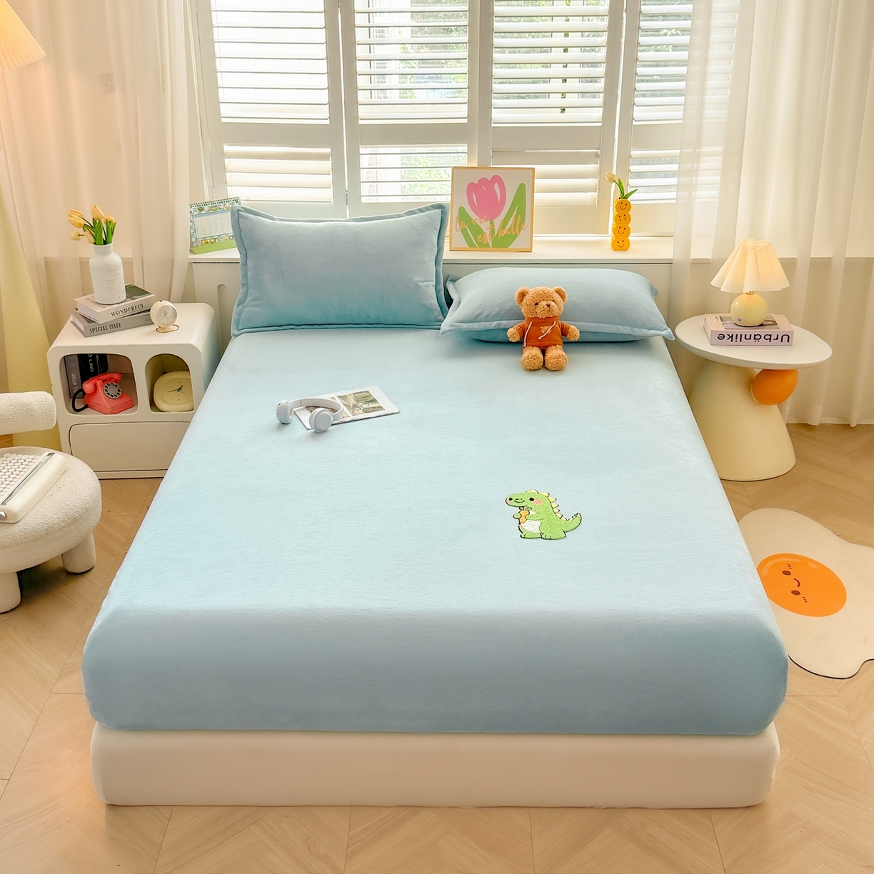 湘之帛 2025新款牛奶绒印花床笠 小恐龙-浅蓝