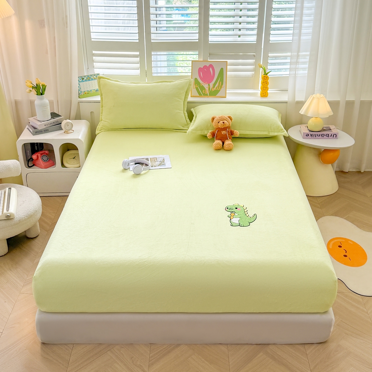 湘之帛 2025新款牛奶绒印花床笠 小恐龙-浅绿