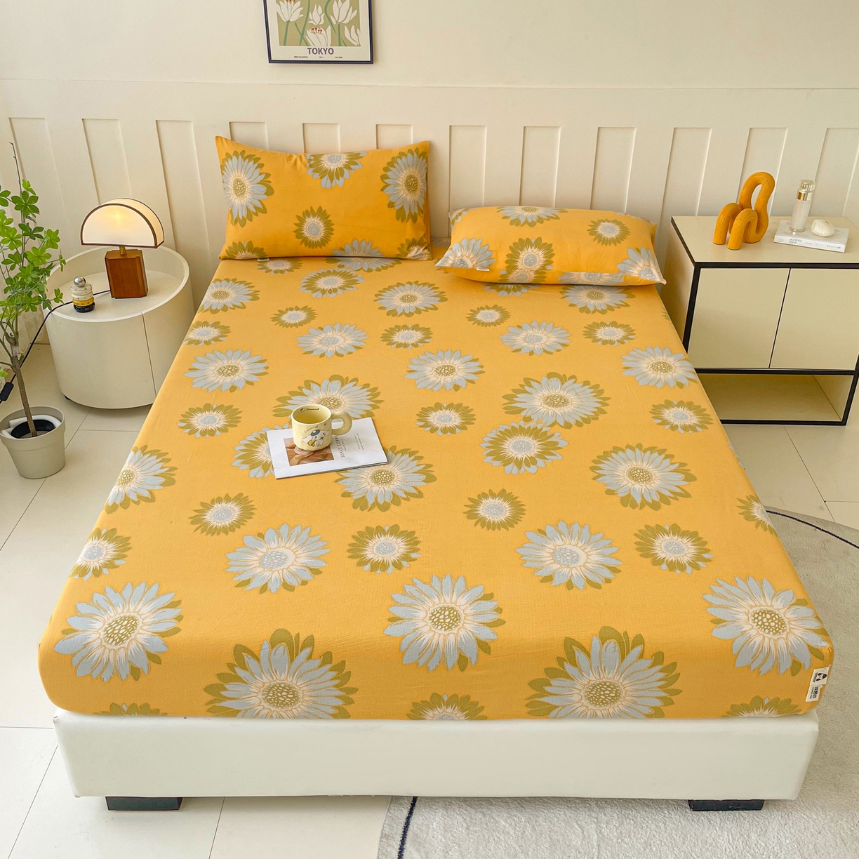 91家纺网 家纺一手货源 找家纺 首爱家纺 2025新款木棉双层纱印花床笠 向阳花-桔黄