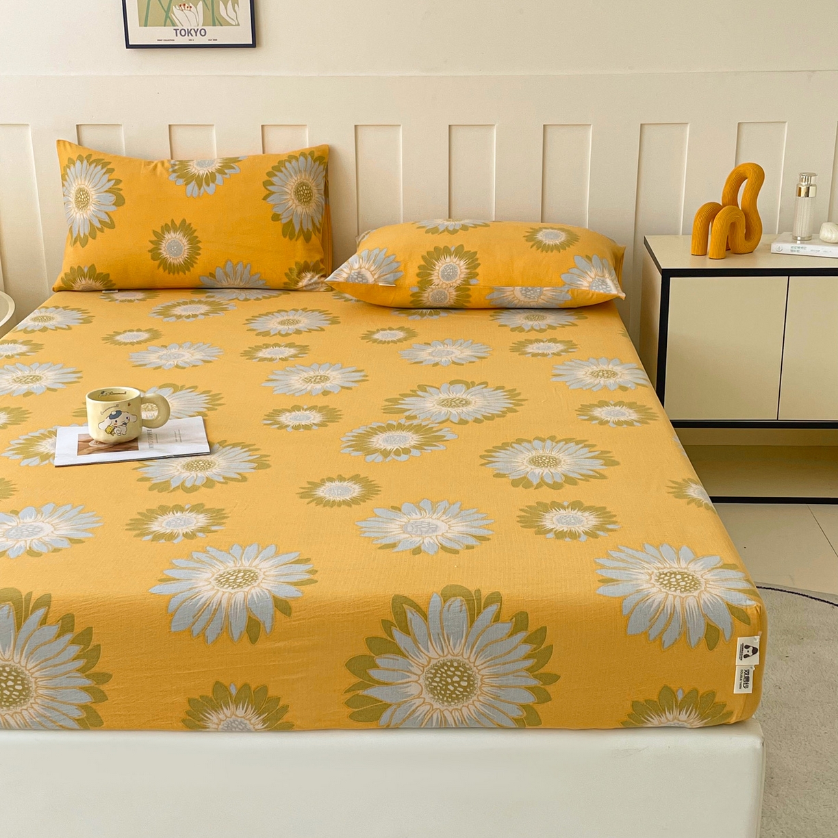 91家纺网 家纺一手货源 找家纺 首爱家纺 2025新款木棉双层纱印花床笠 向阳花-桔黄