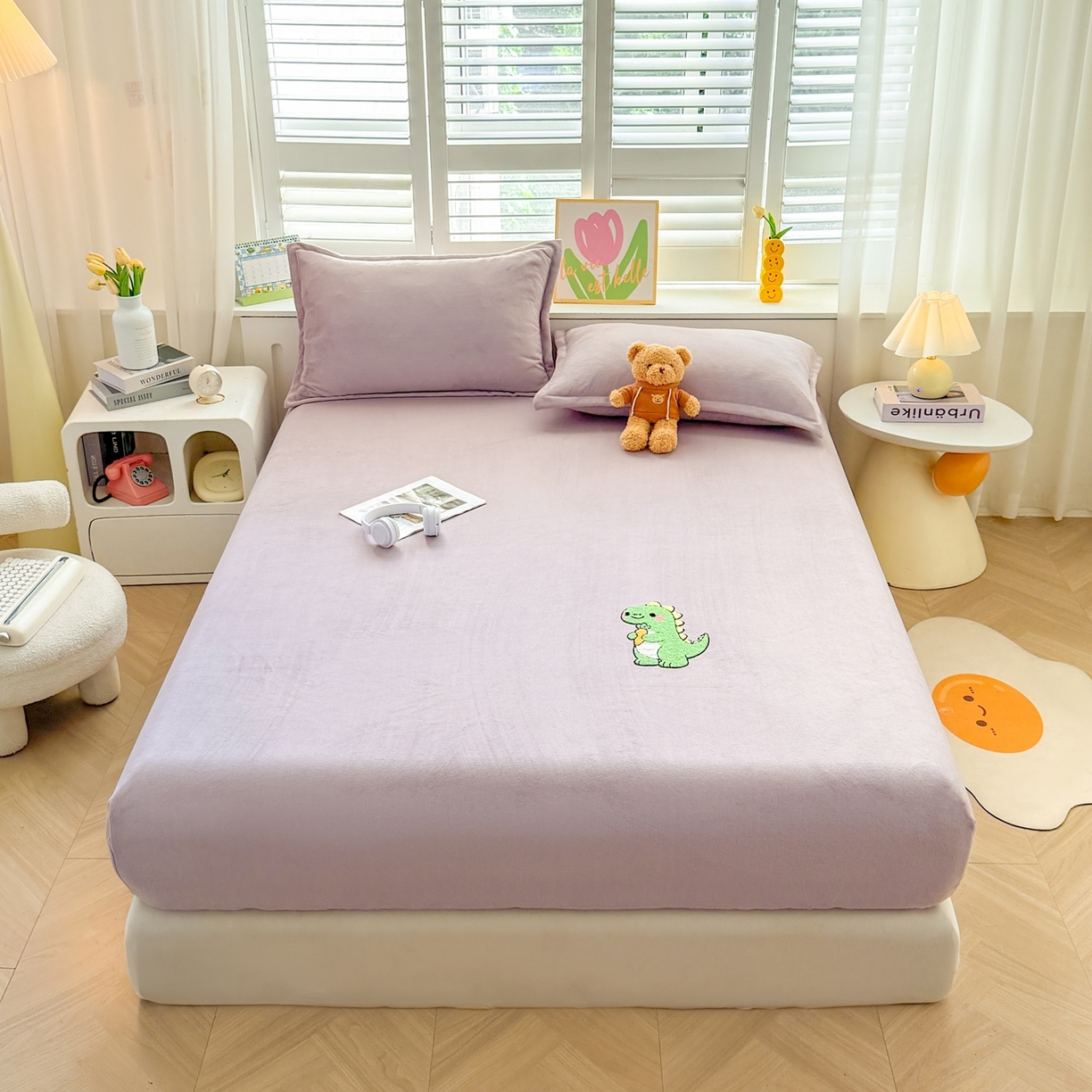 湘之帛 2025新款牛奶绒印花床笠 小恐龙-紫色