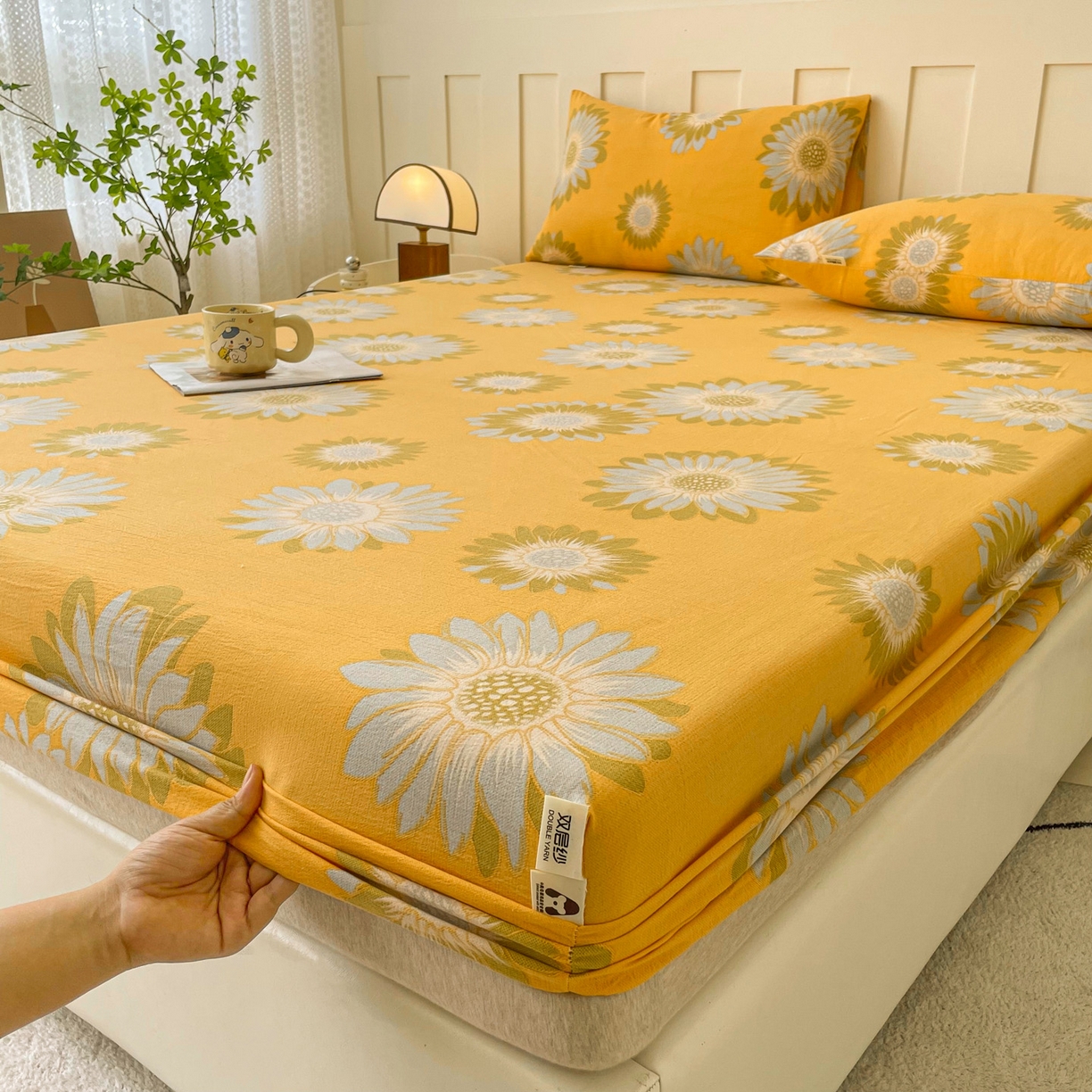 91家纺网 家纺一手货源 找家纺 首爱家纺 2025新款木棉双层纱印花床笠 向阳花-桔黄