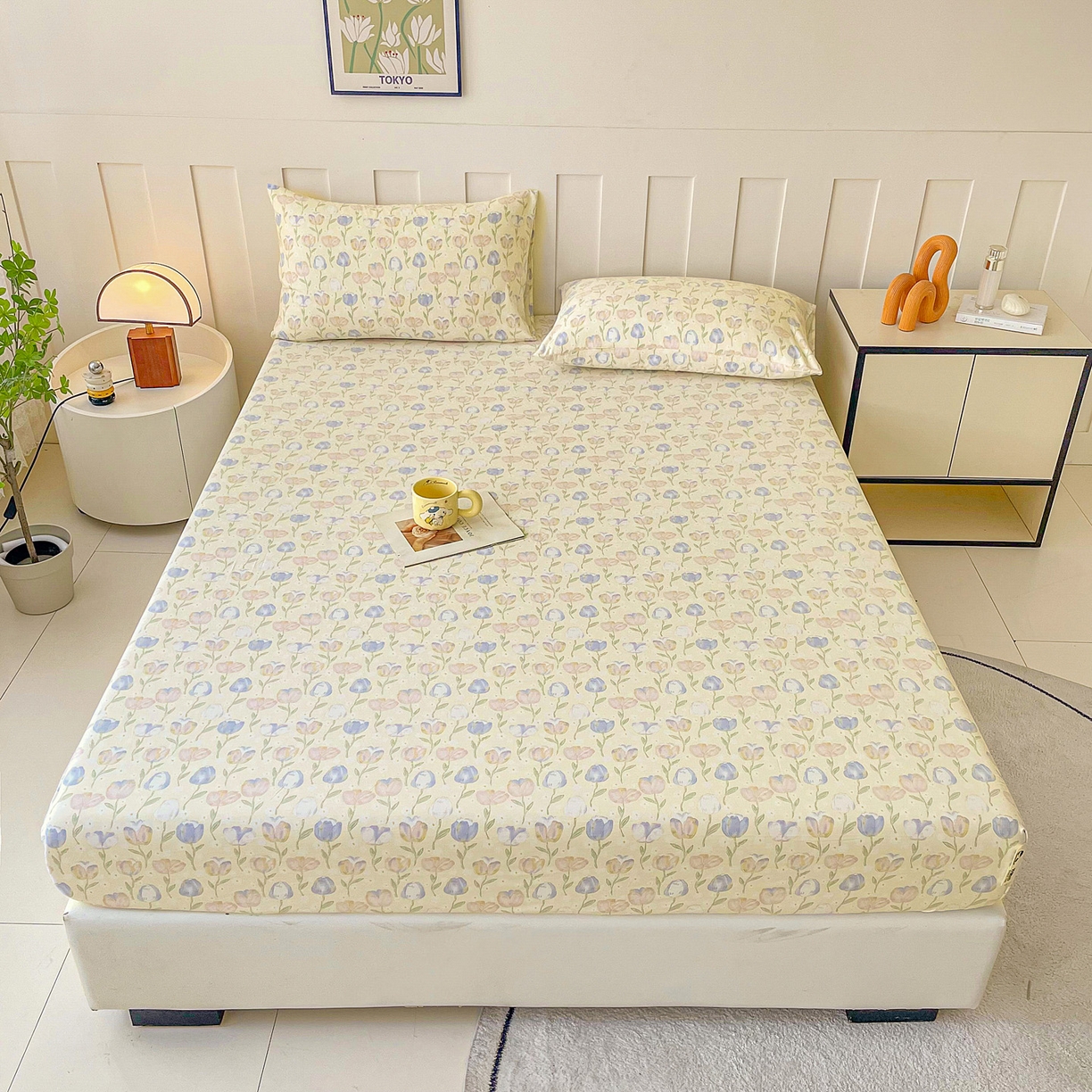 91家纺网 家纺一手货源 找家纺 首爱家纺 2025新款木棉双层纱印花床笠 郁金香