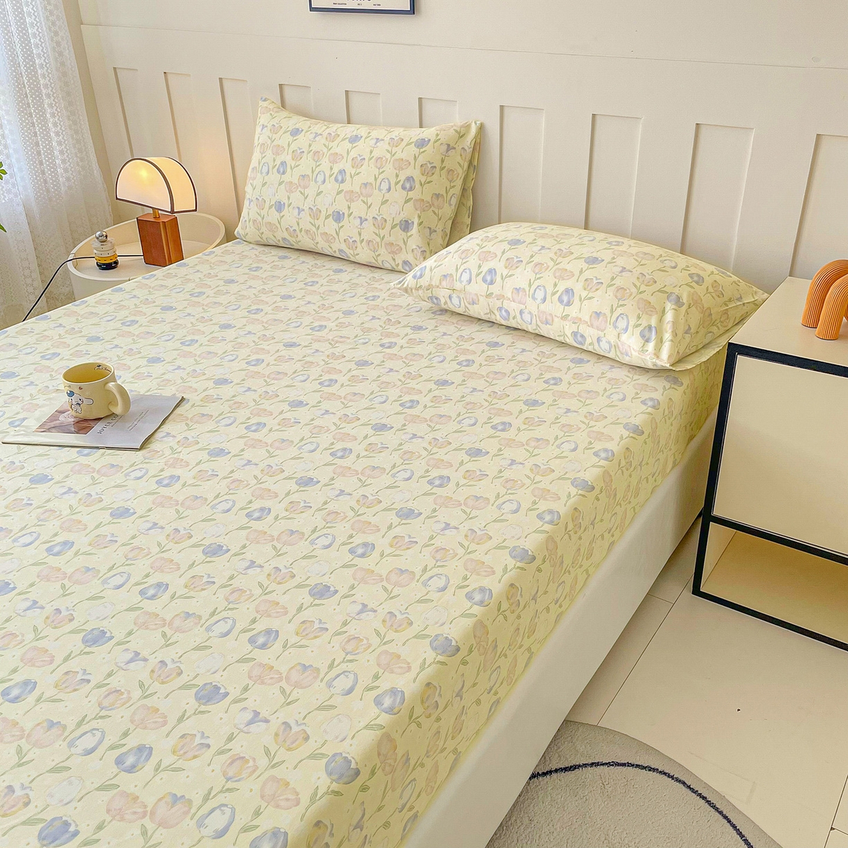 91家纺网 家纺一手货源 找家纺 首爱家纺 2025新款木棉双层纱印花床笠 郁金香