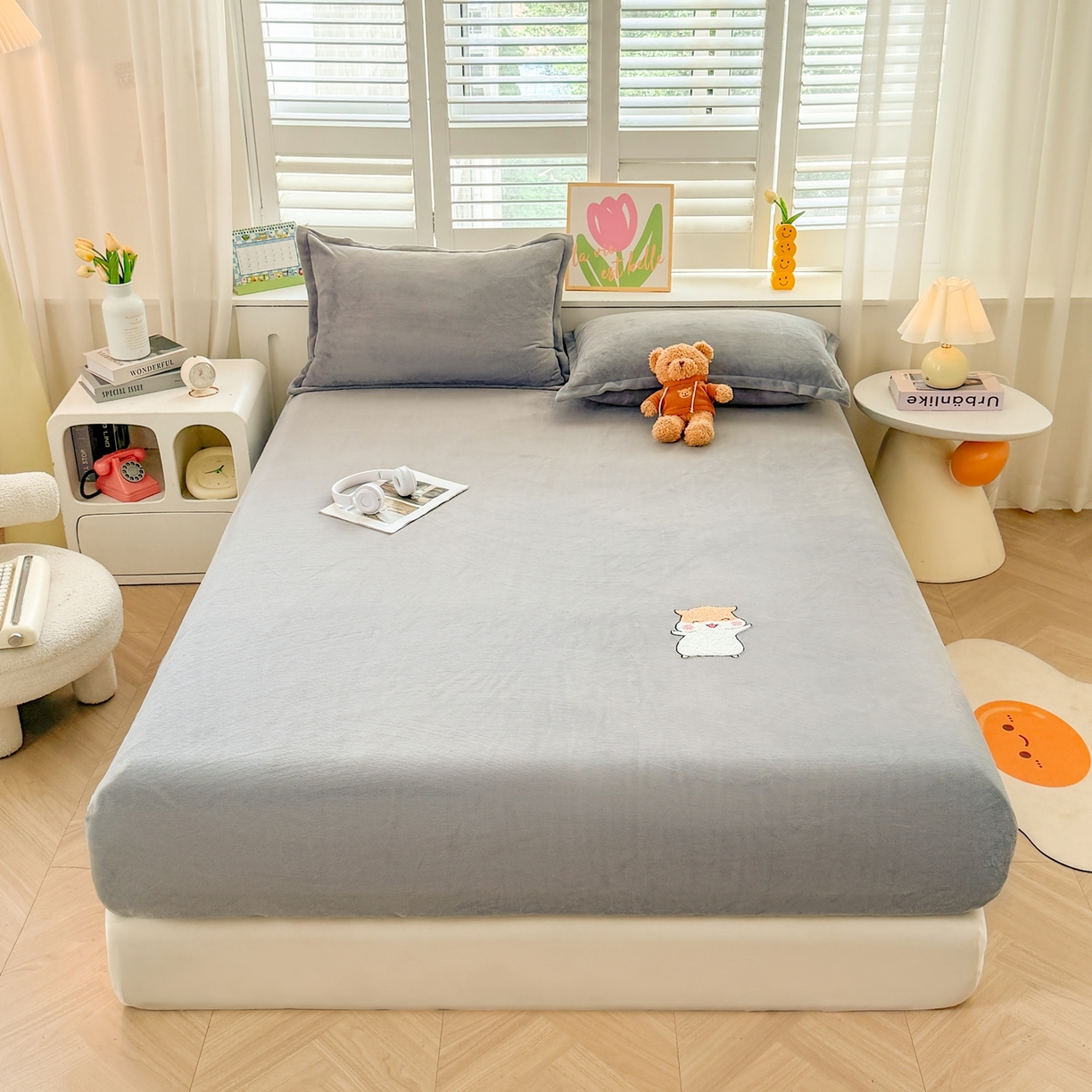 湘之帛 2025新款牛奶绒印花床笠 小松鼠-灰色