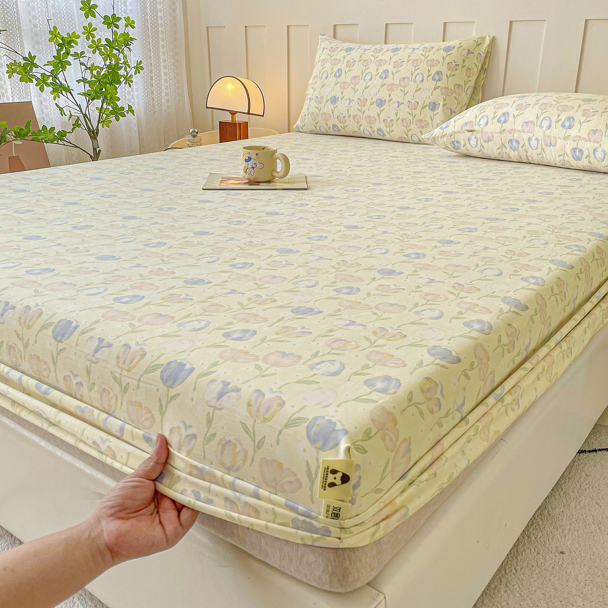 91家纺网 家纺一手货源 找家纺 首爱家纺 2025新款木棉双层纱印花床笠 郁金香