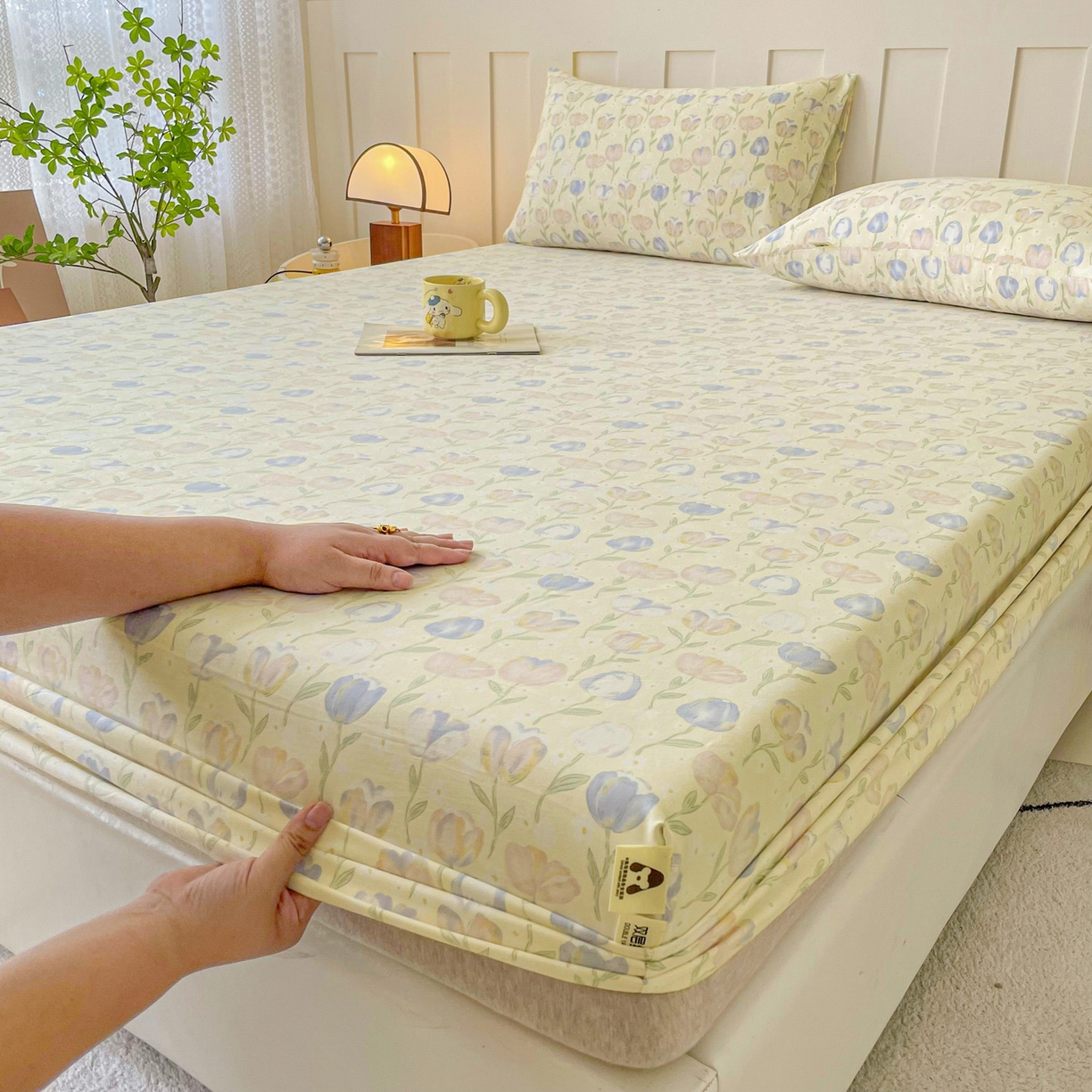 91家纺网 家纺一手货源 找家纺 首爱家纺 2025新款木棉双层纱印花床笠 郁金香