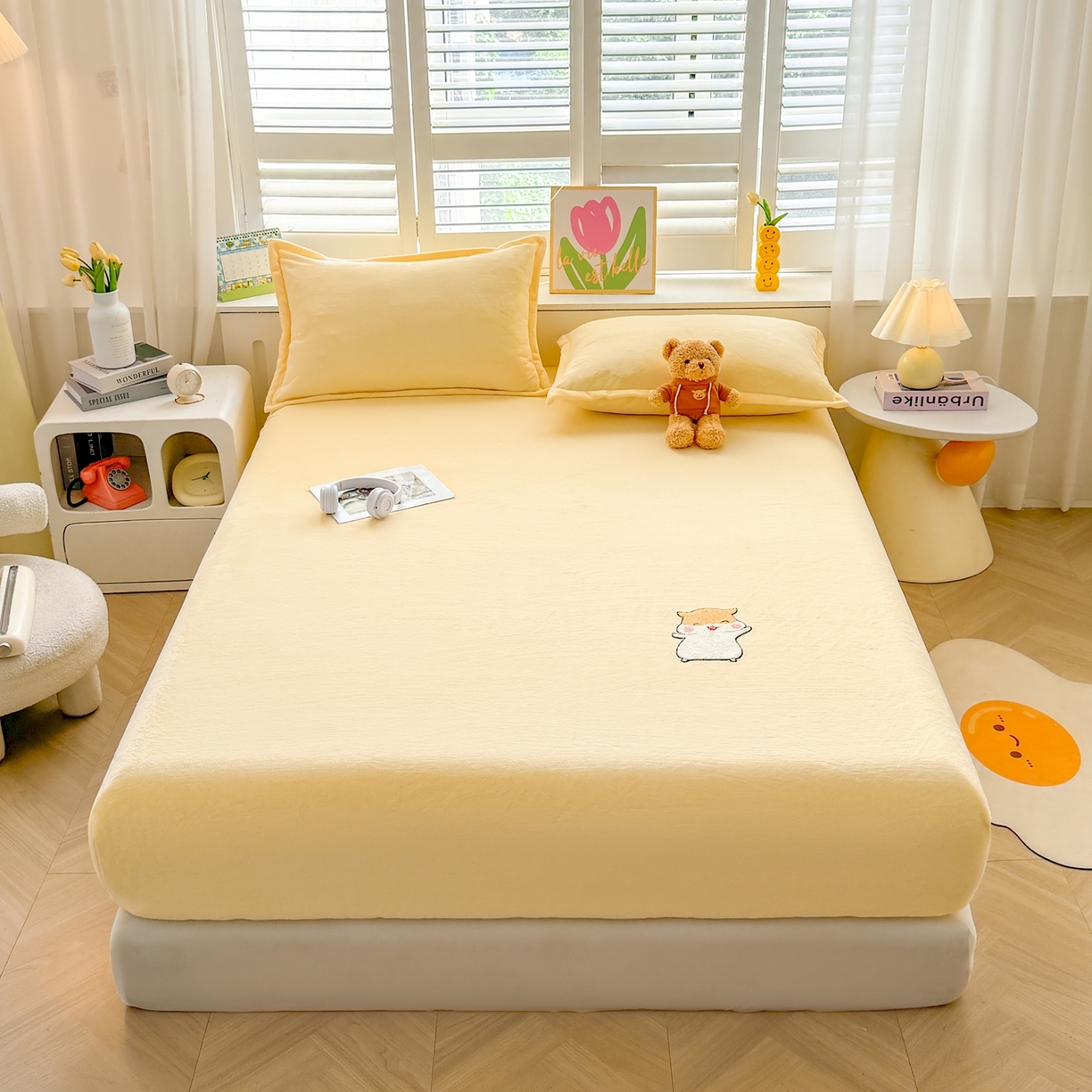 湘之帛 2025新款牛奶绒印花床笠 小松鼠-米黄