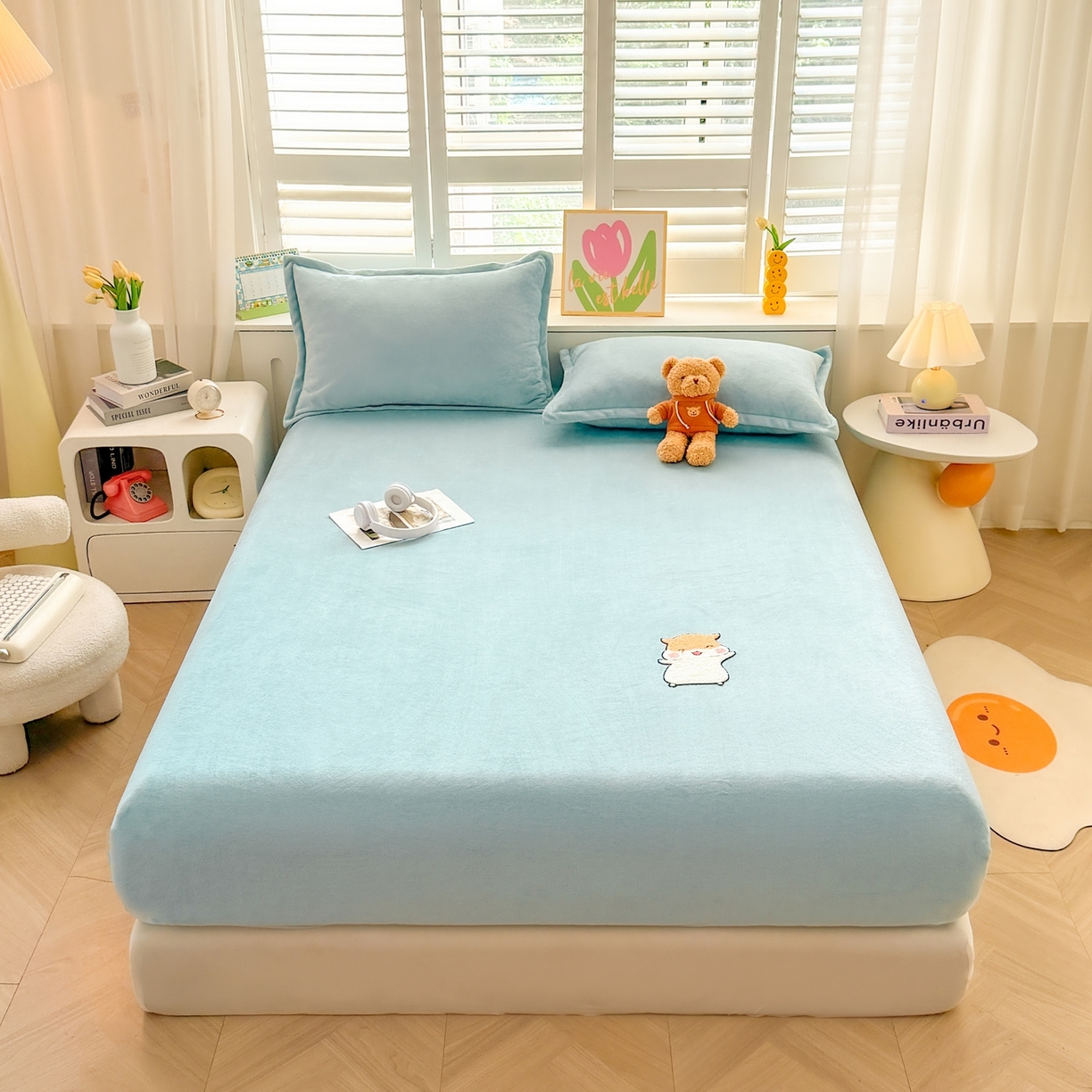 湘之帛 2025新款牛奶绒印花床笠 小松鼠-浅蓝