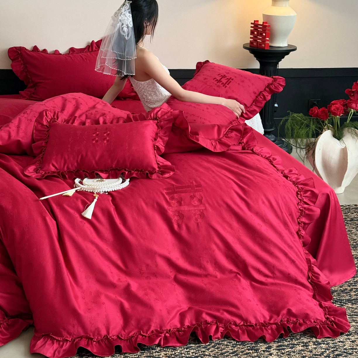 91家纺网 家纺一手货源 找家纺 （总）江涞 2025新款长绒棉纯棉提花四件套-喜至