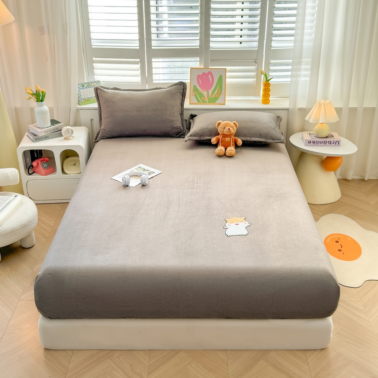 湘之帛 2025新款牛奶绒印花床笠 小松鼠-深灰