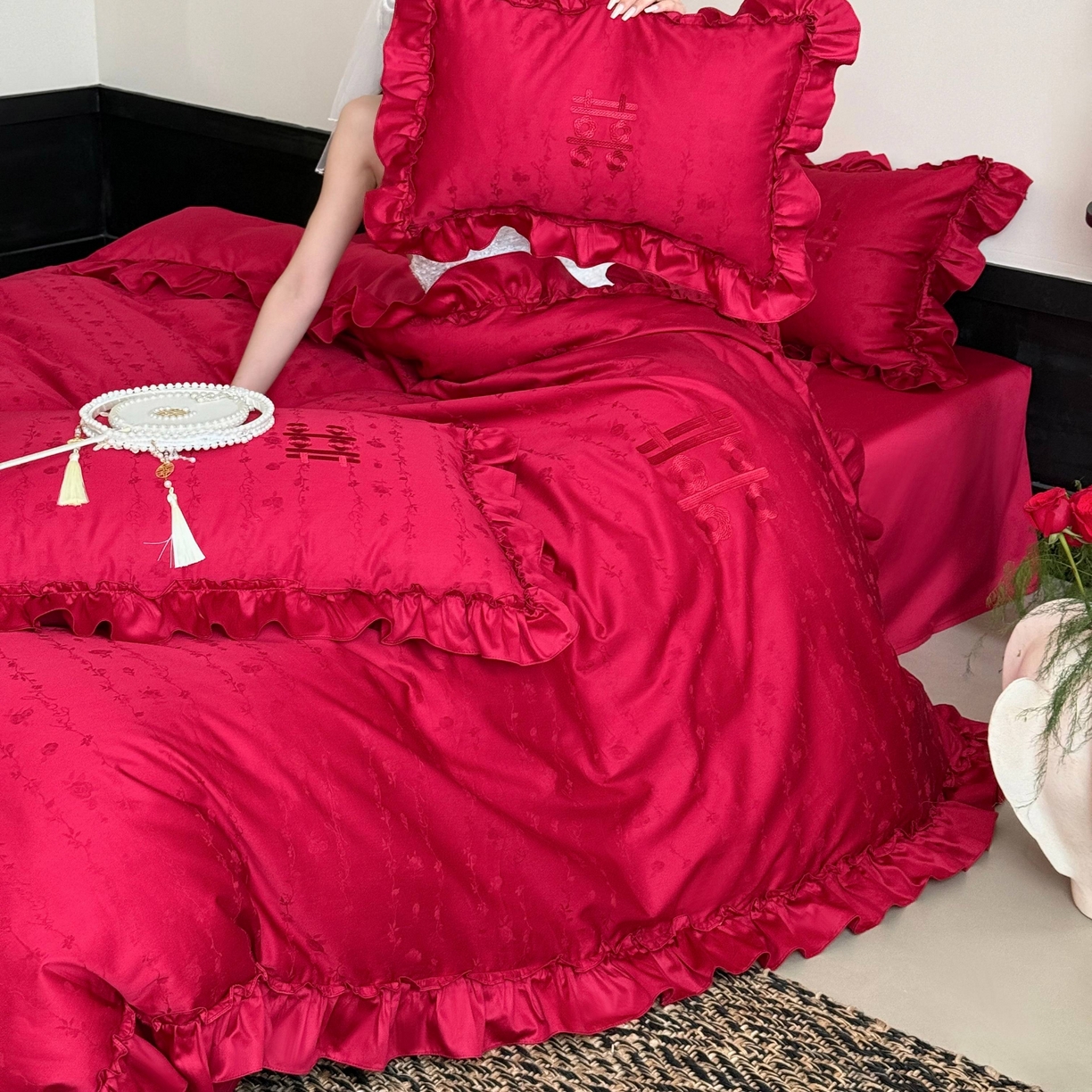 91家纺网 家纺一手货源 找家纺 （总）江涞 2025新款长绒棉纯棉提花四件套-喜至