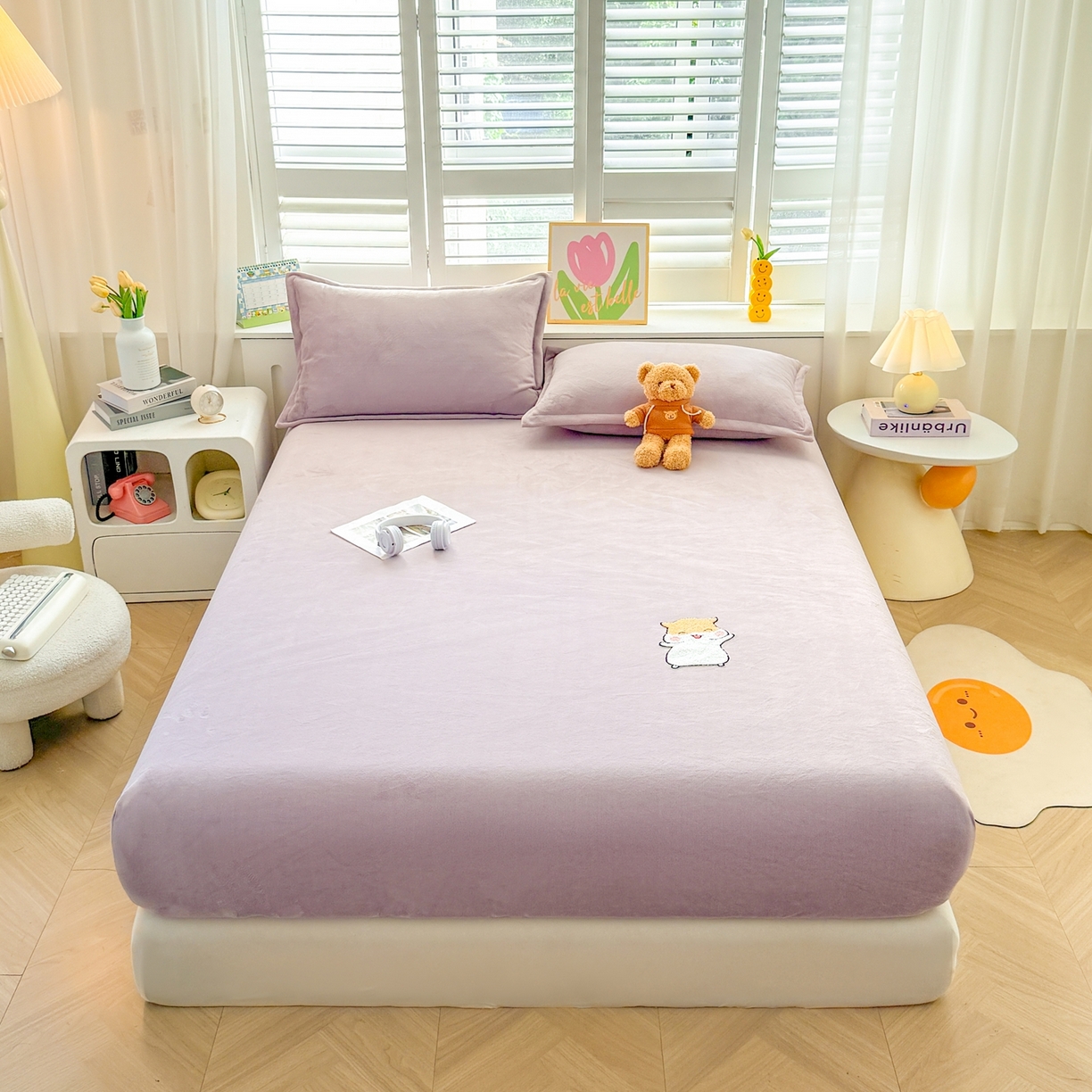 湘之帛 2025新款牛奶绒印花床笠 小松鼠-紫色
