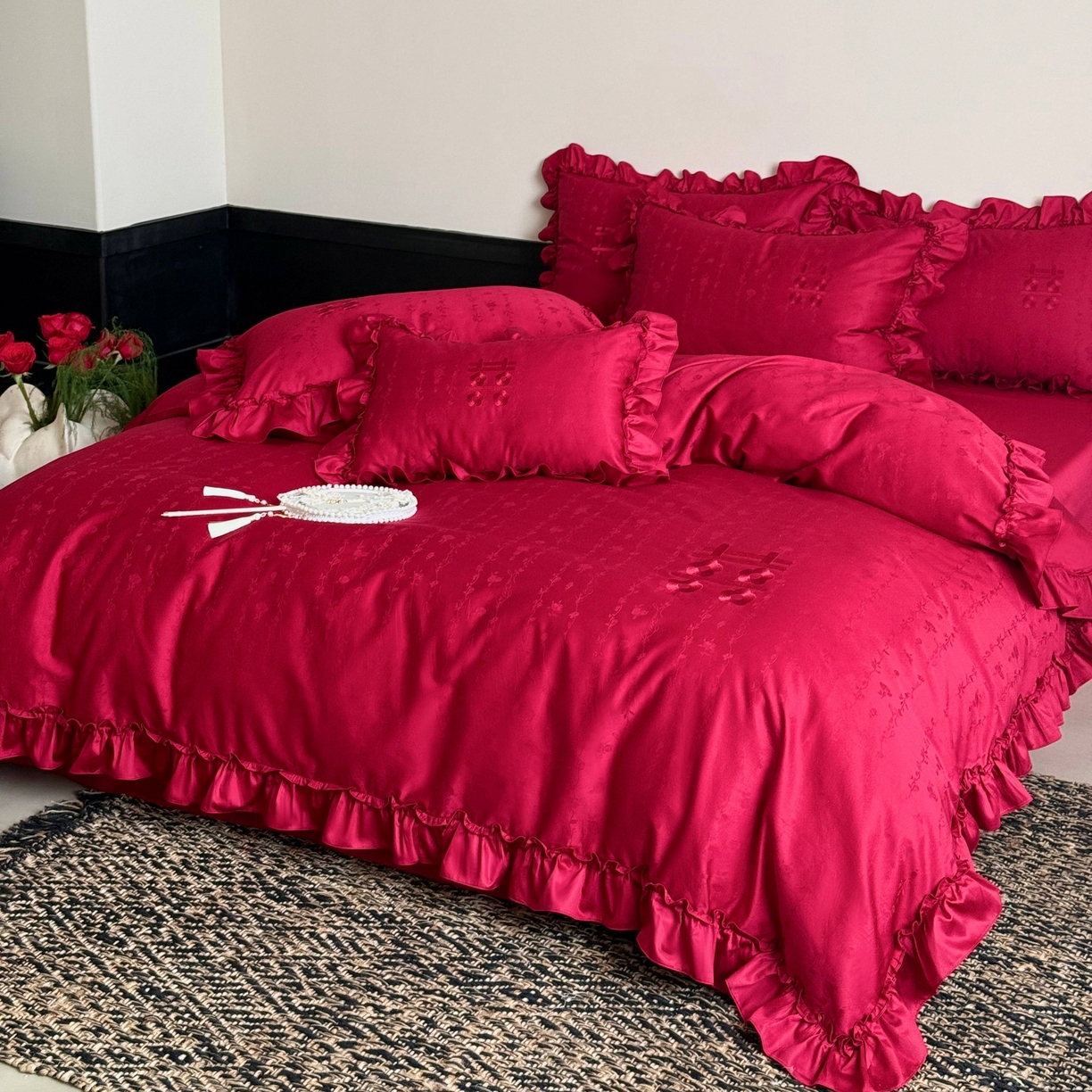 91家纺网 家纺一手货源 找家纺 （总）江涞 2025新款长绒棉纯棉提花四件套-喜至