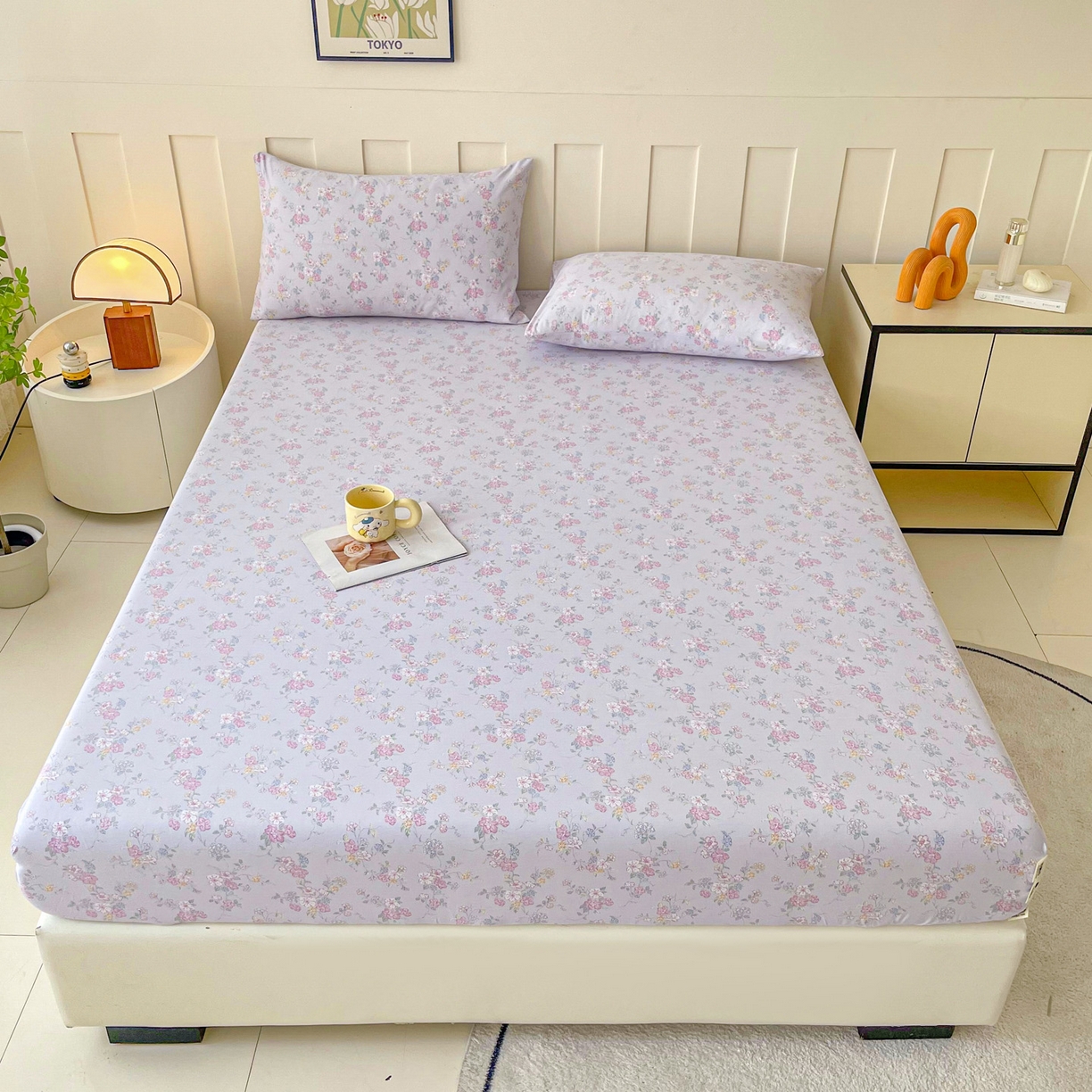 91家纺网 家纺一手货源 找家纺 首爱家纺 2025新款木棉双层纱印花床笠 紫丁香