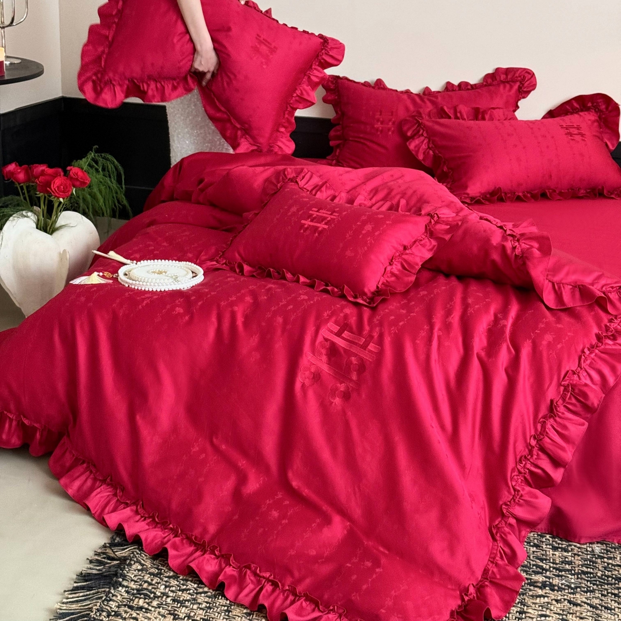 91家纺网 家纺一手货源 找家纺 （总）江涞 2025新款长绒棉纯棉提花四件套-喜至