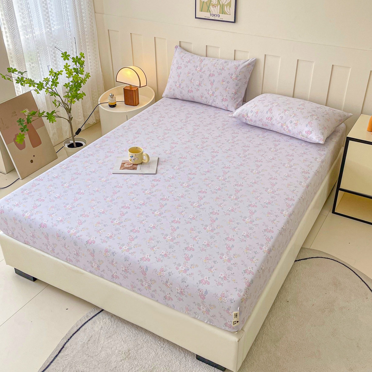 91家纺网 家纺一手货源 找家纺 首爱家纺 2025新款木棉双层纱印花床笠 紫丁香