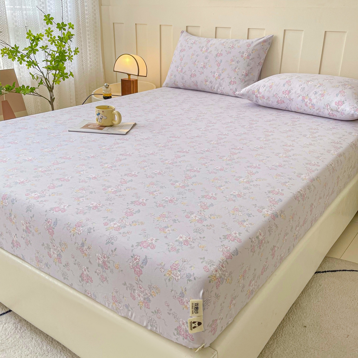 91家纺网 家纺一手货源 找家纺 首爱家纺 2025新款木棉双层纱印花床笠 紫丁香