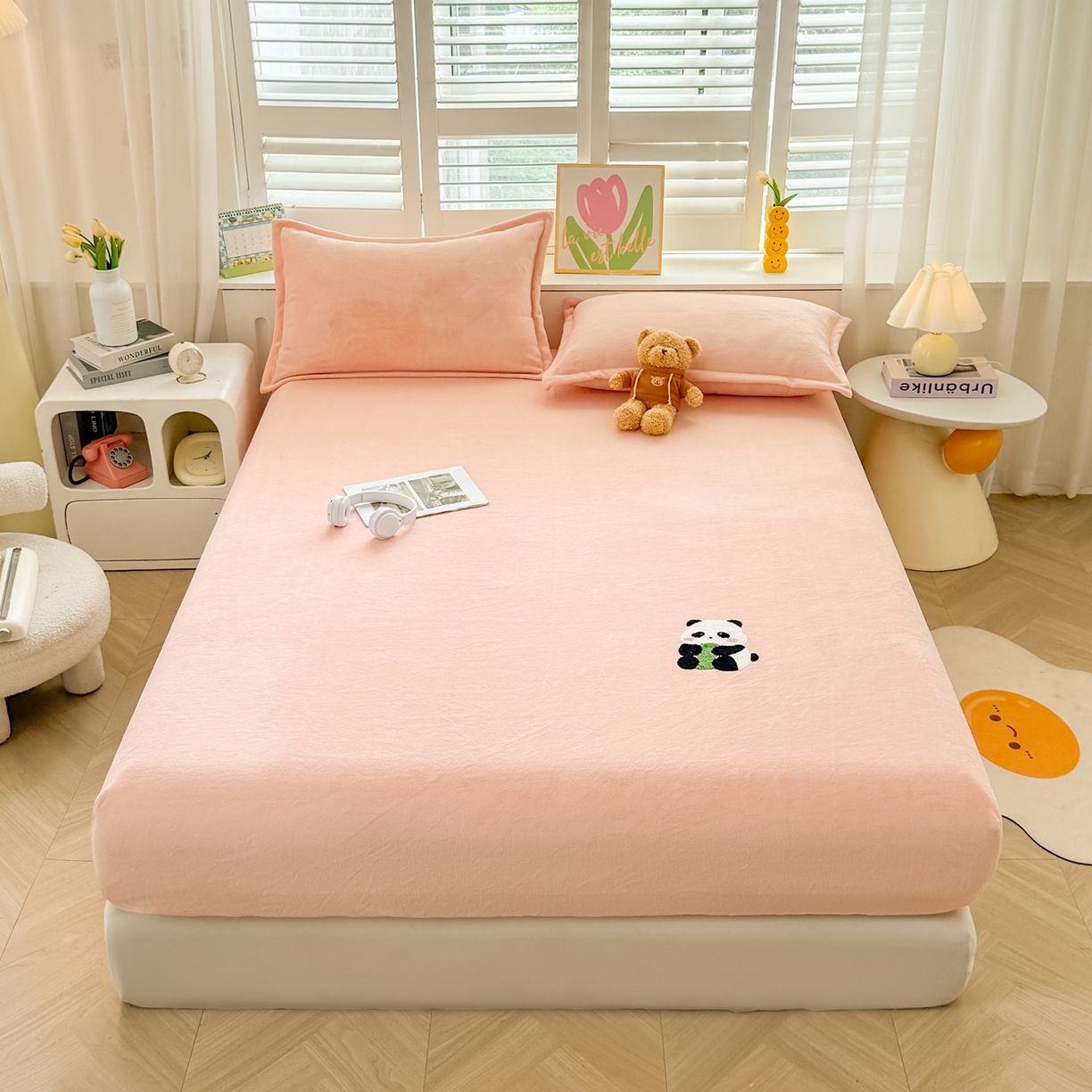 湘之帛 2025新款牛奶绒印花床笠 小熊猫-粉色