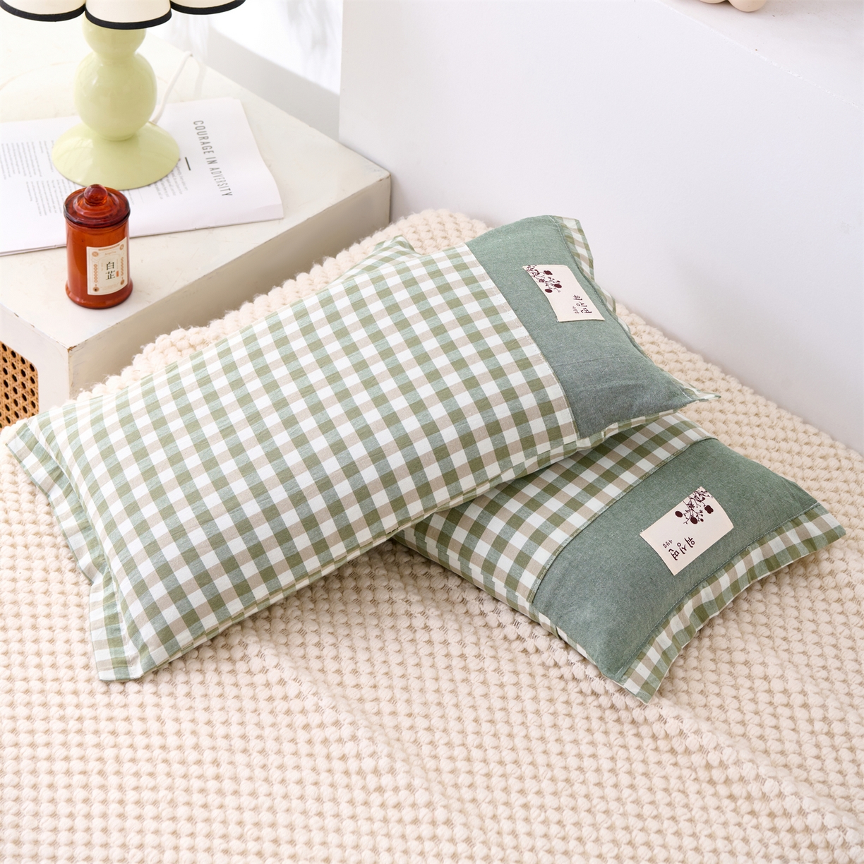 91家纺网 家纺一手货源 找家纺 大熊枕芯 2025新款全棉纯棉水洗棉小方格荞麦枕枕头枕芯-水洗棉小方格 水洗棉小方格-绿