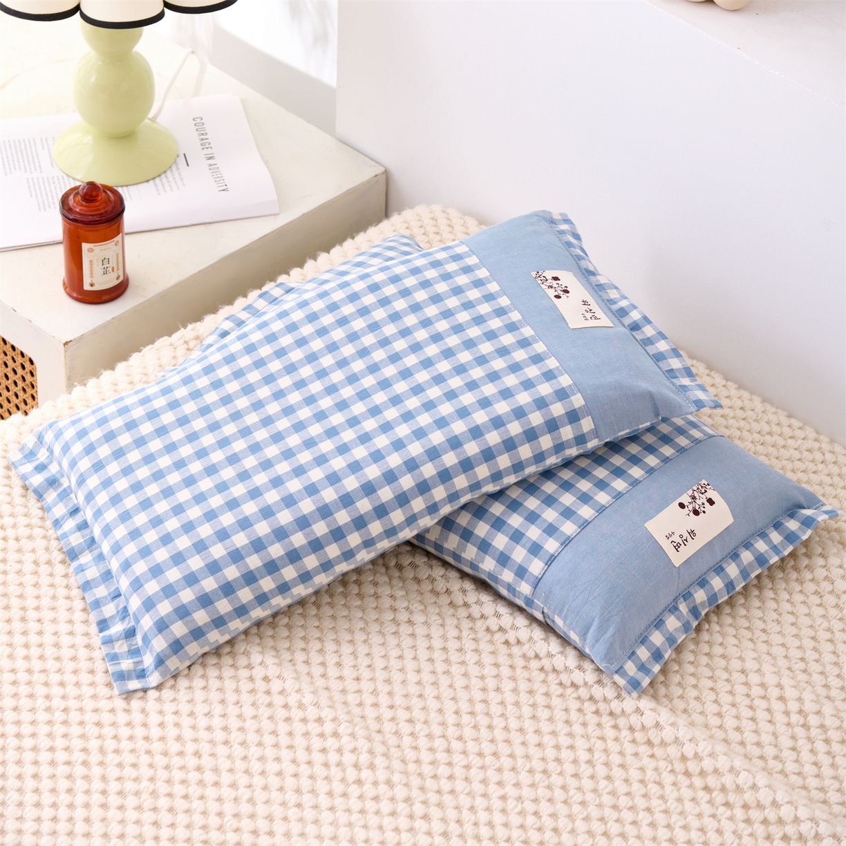 91家纺网 家纺一手货源 找家纺 大熊枕芯 2025新款全棉纯棉水洗棉小方格荞麦枕枕头枕芯-水洗棉小方格 水洗棉小方格-浅蓝