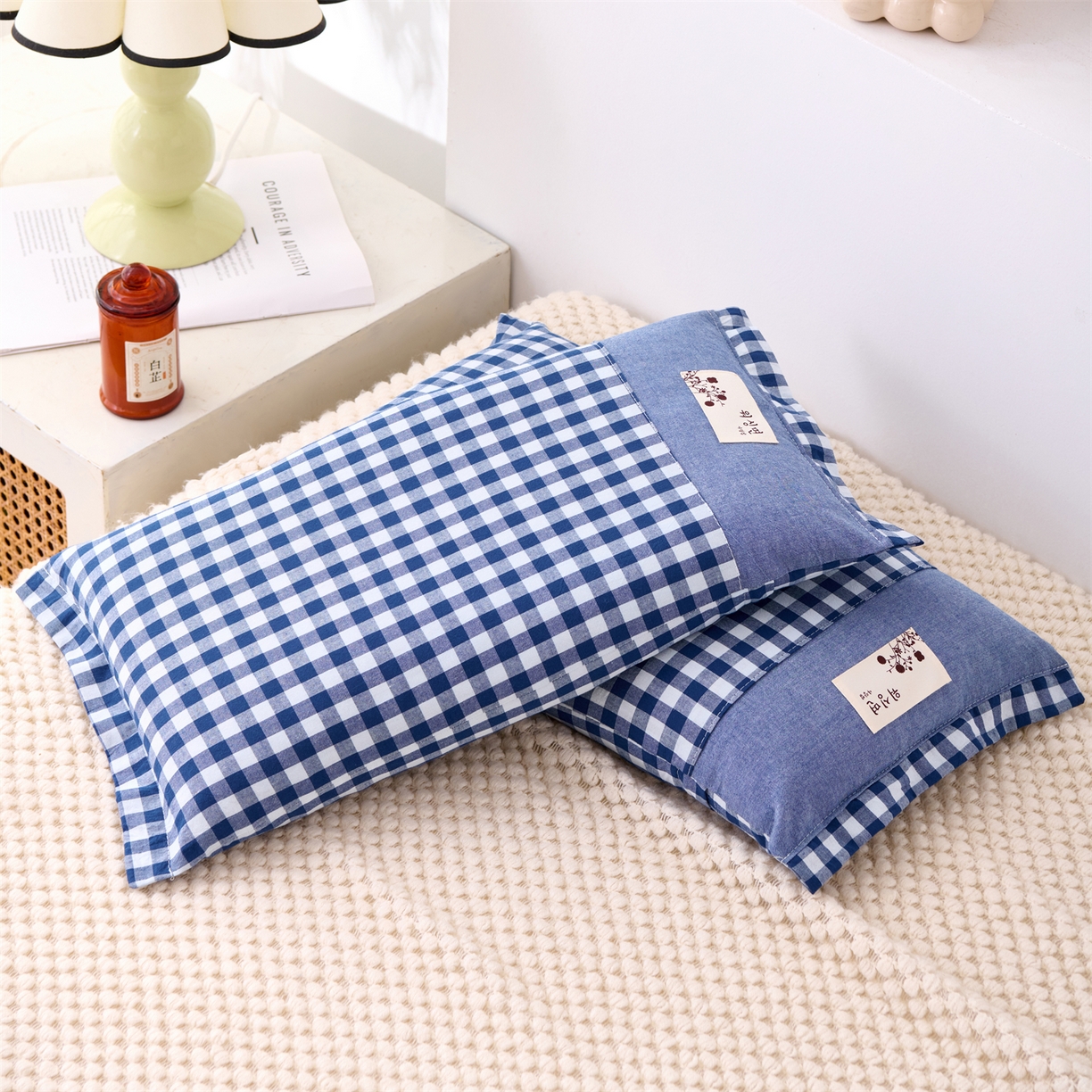 91家纺网 家纺一手货源 找家纺 大熊枕芯 2025新款全棉纯棉水洗棉小方格荞麦枕枕头枕芯-水洗棉小方格 水洗棉小方格-深蓝
