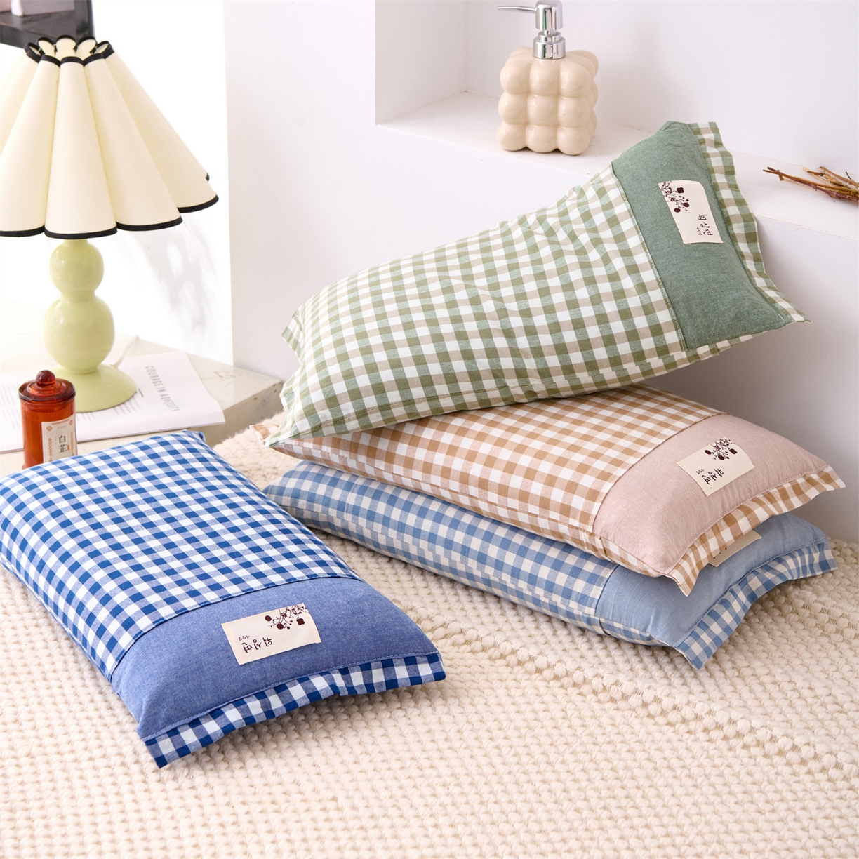 91家纺网 家纺一手货源 找家纺 大熊枕芯 2025新款全棉纯棉水洗棉小方格荞麦枕枕头枕芯-水洗棉小方格 组合图仅供参考不可下单