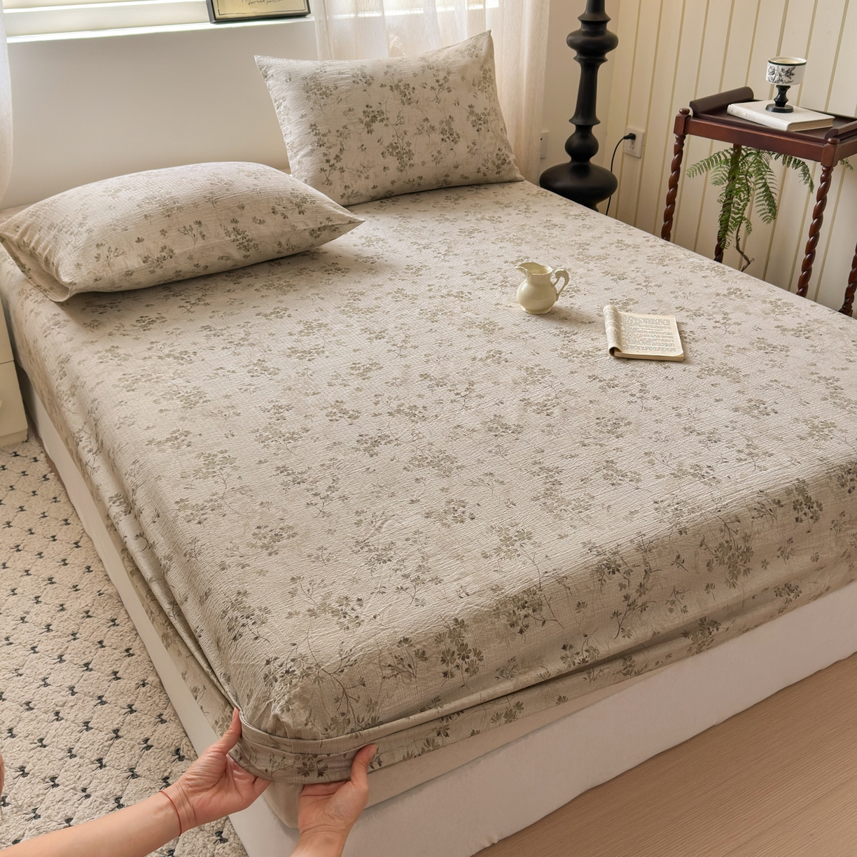 91家纺网 家纺一手货源 找家纺 一霖家纺 2025新款仿麻皱皱纱单床笠 秋风萧瑟