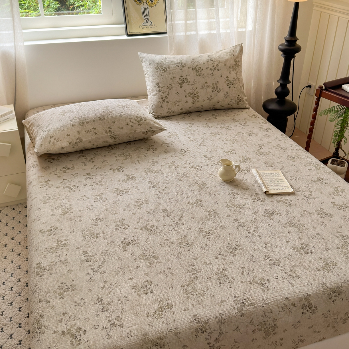 91家纺网 家纺一手货源 找家纺 一霖家纺 2025新款仿麻皱皱纱单床笠 秋风萧瑟