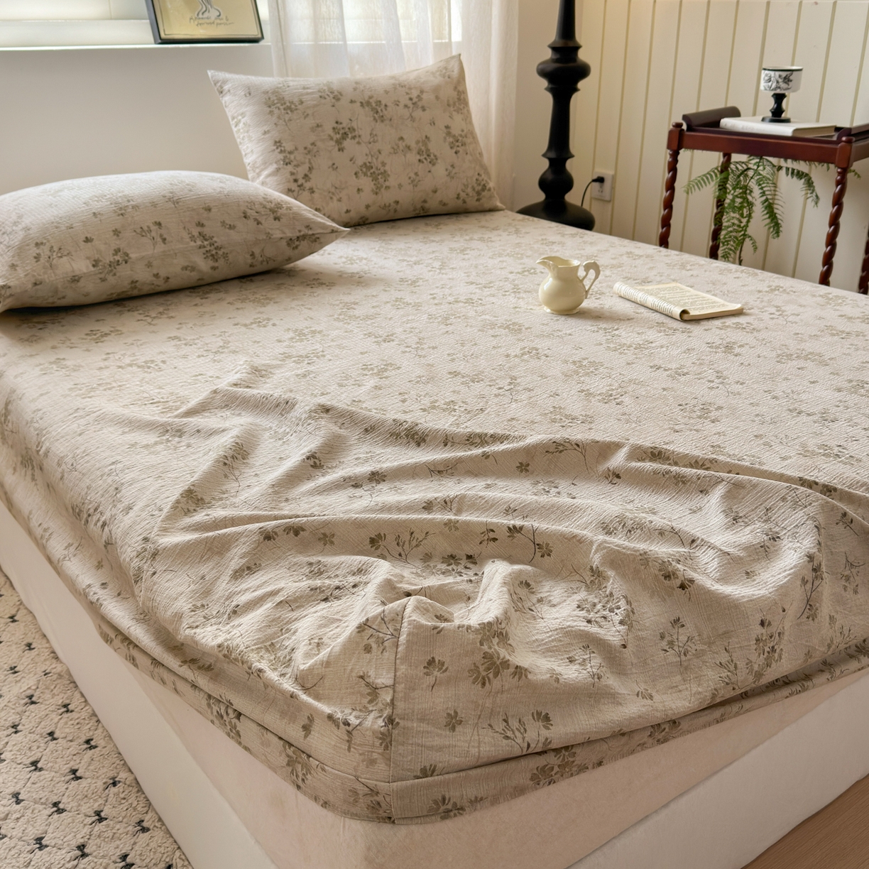 91家纺网 家纺一手货源 找家纺 一霖家纺 2025新款仿麻皱皱纱单床笠 秋风萧瑟