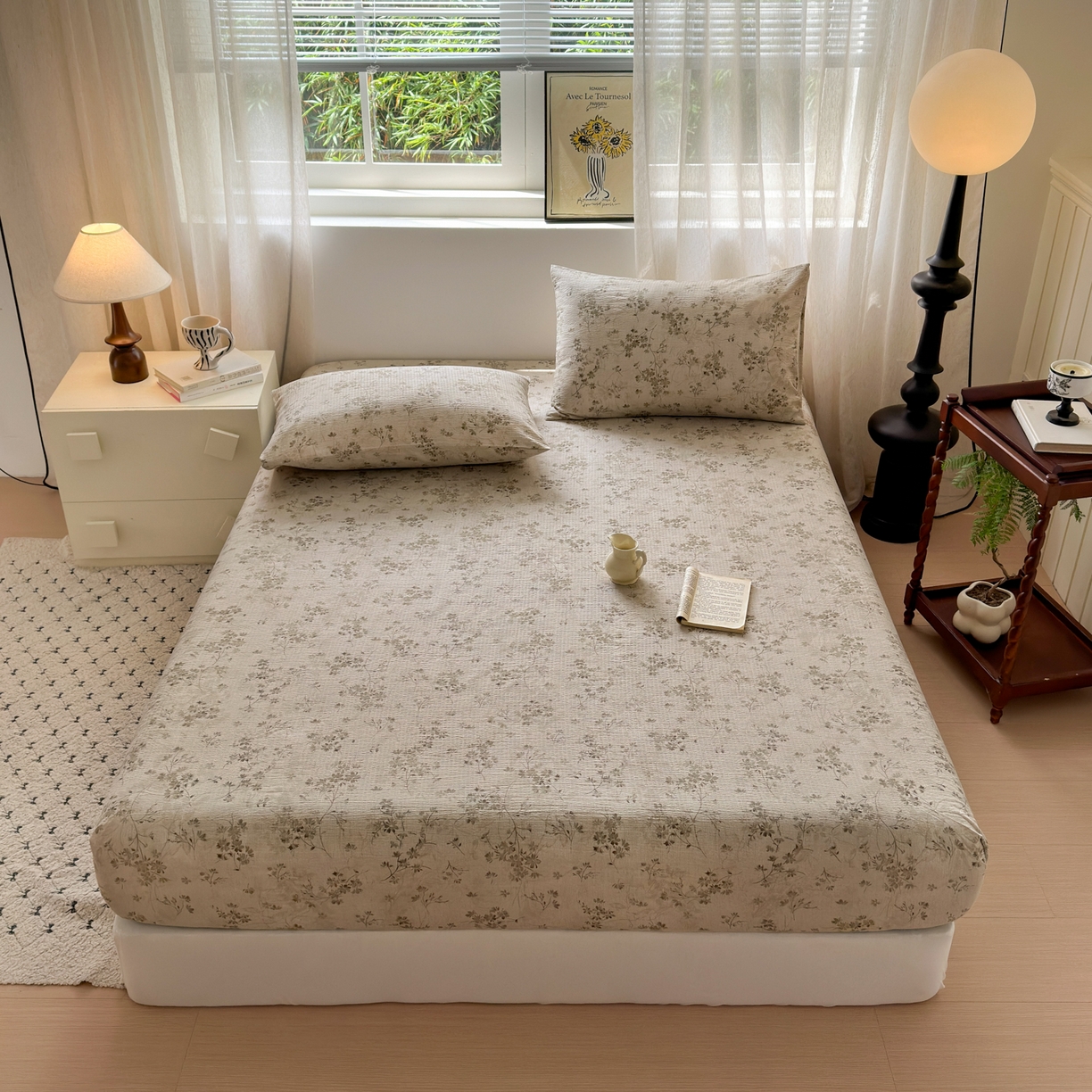 91家纺网 家纺一手货源 找家纺 一霖家纺 2025新款仿麻皱皱纱单床笠 秋风萧瑟