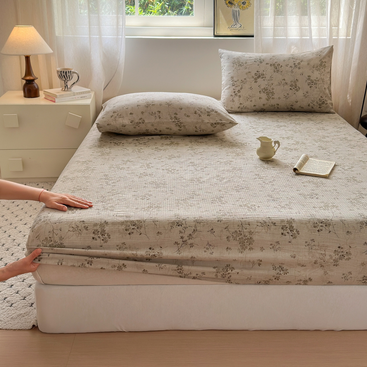 91家纺网 家纺一手货源 找家纺 一霖家纺 2025新款仿麻皱皱纱单床笠 秋风萧瑟