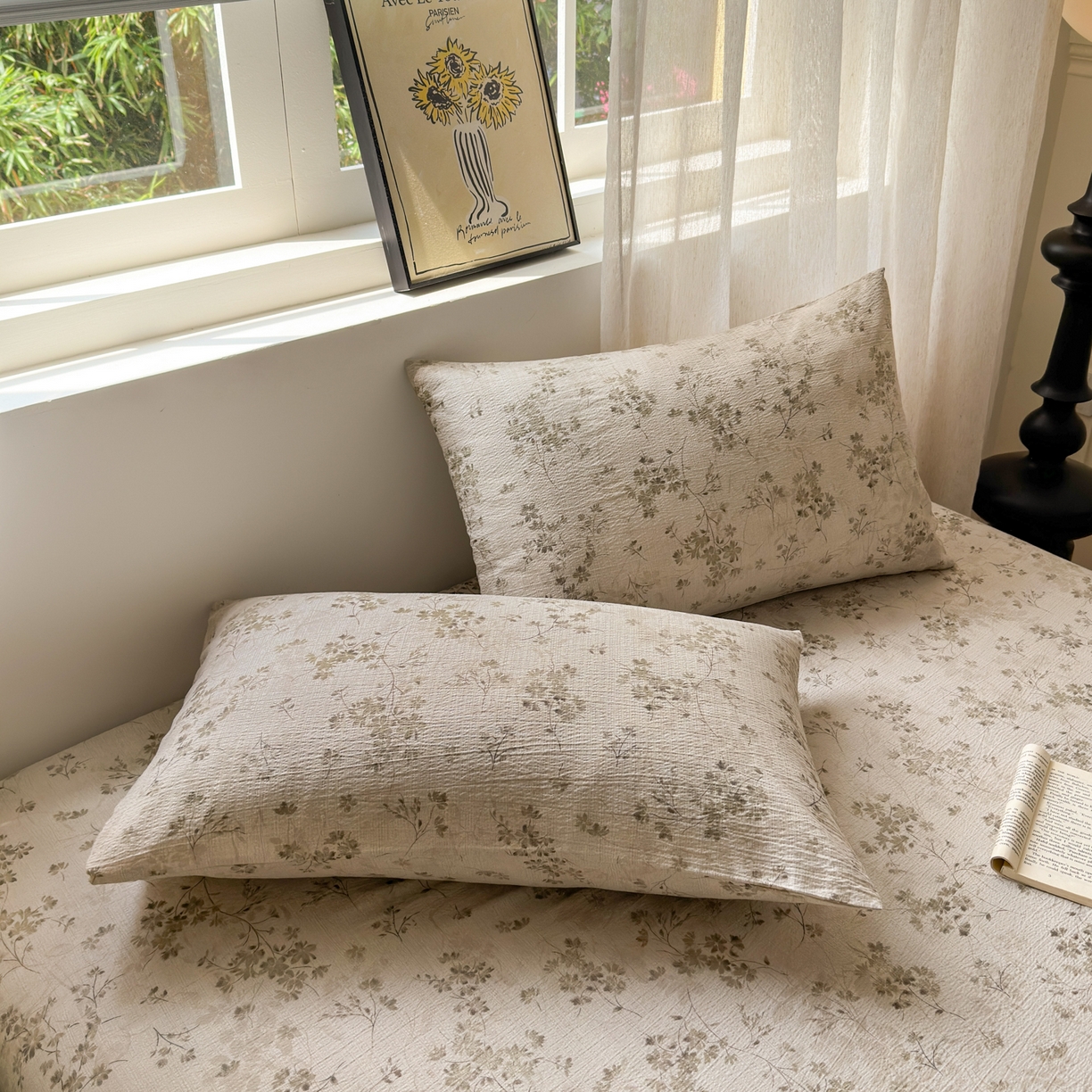 91家纺网 家纺一手货源 找家纺 一霖家纺 2025新款仿麻皱皱纱单床笠 秋风萧瑟