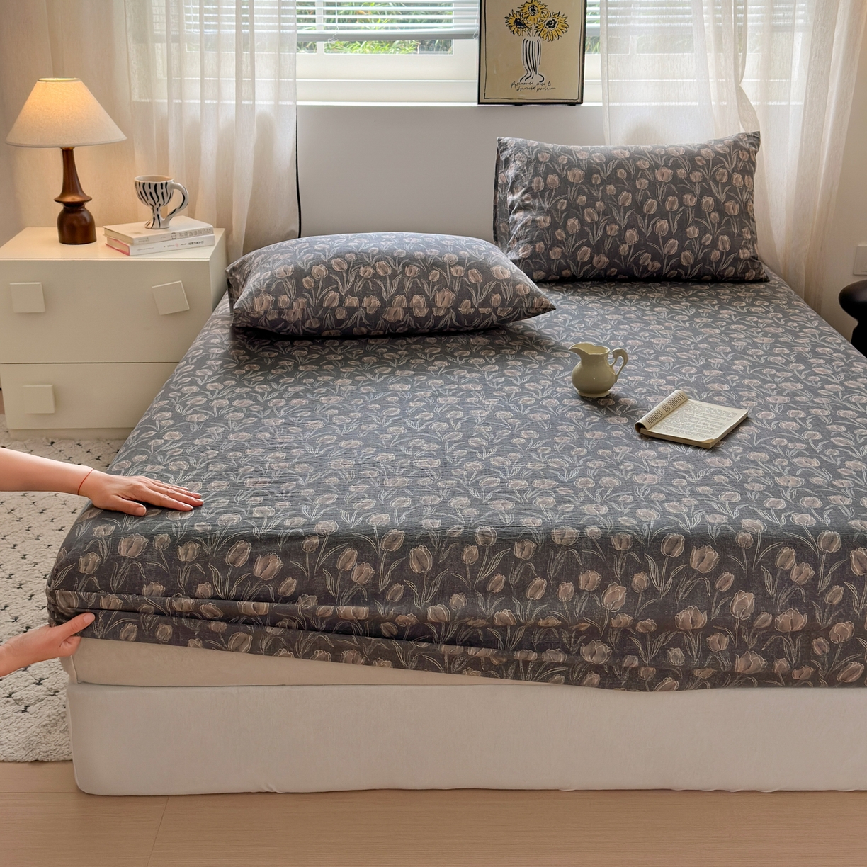 91家纺网 家纺一手货源 找家纺 一霖家纺 2025新款仿麻皱皱纱单床笠 浮生序梦