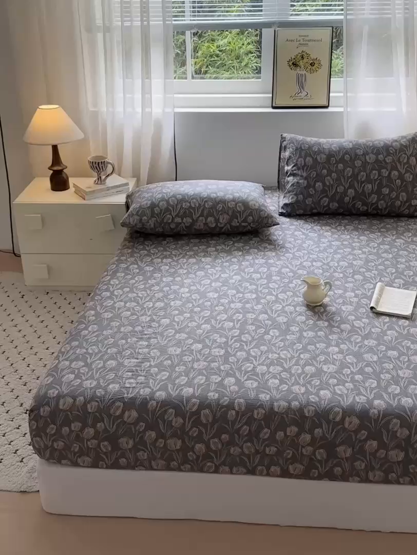 91家纺网 家纺一手货源 找家纺 一霖家纺 2025新款仿麻皱皱纱单床笠 浮生序梦