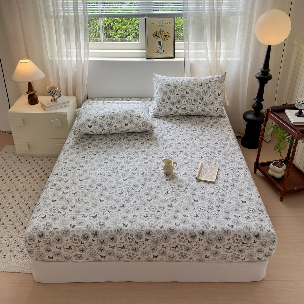 91家纺网 家纺一手货源 找家纺 一霖家纺 2025新款仿麻皱皱纱单床笠 蝴蝶印记