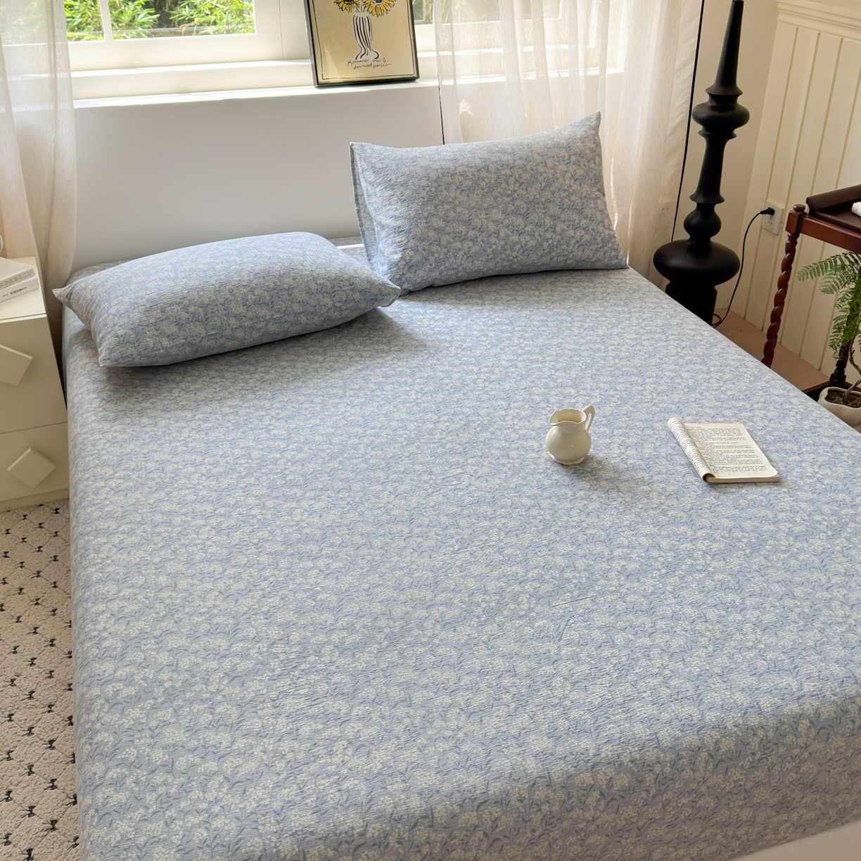 91家纺网 家纺一手货源 找家纺 一霖家纺 2025新款仿麻皱皱纱单床笠 南亭晚风