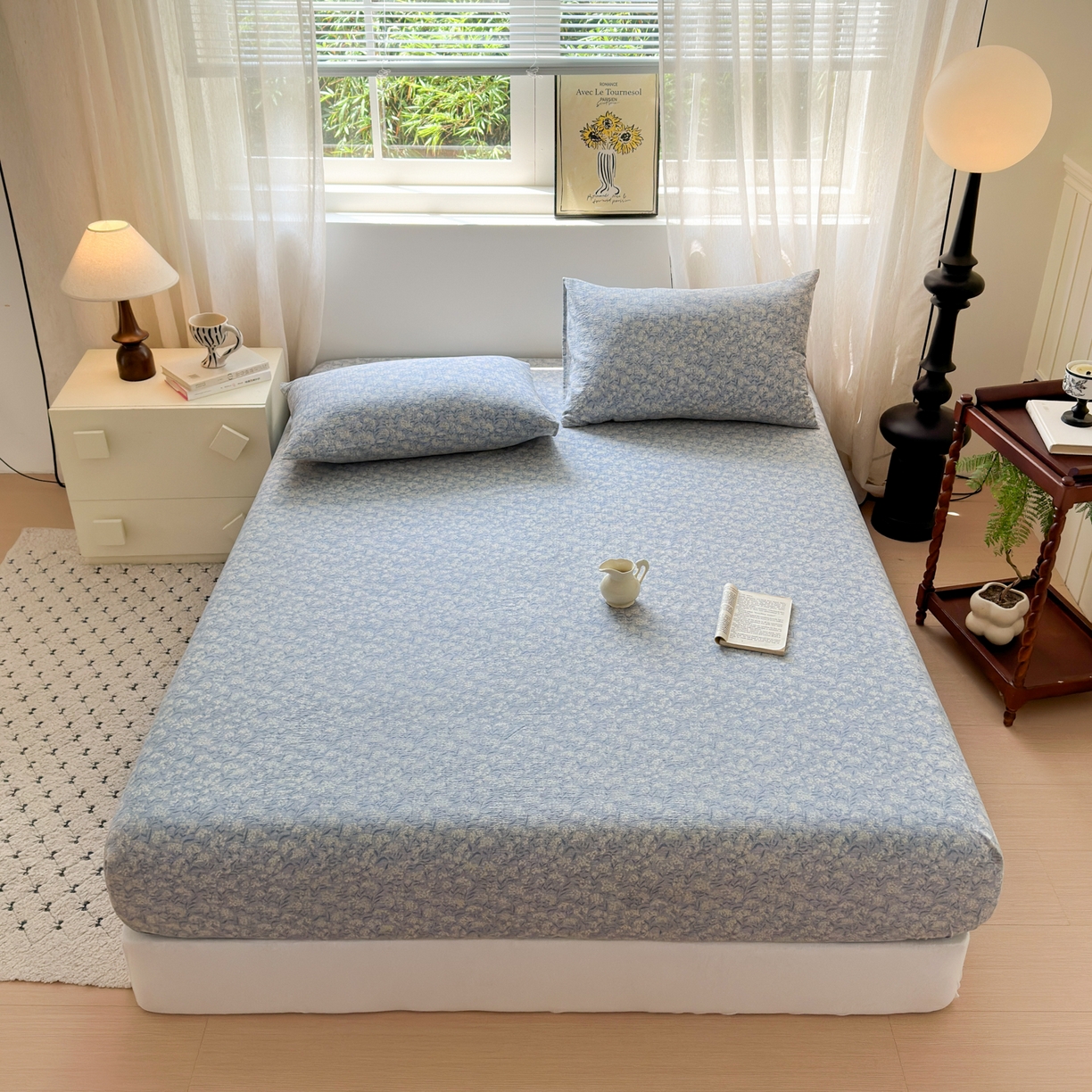 91家纺网 家纺一手货源 找家纺 一霖家纺 2025新款仿麻皱皱纱单床笠 南亭晚风