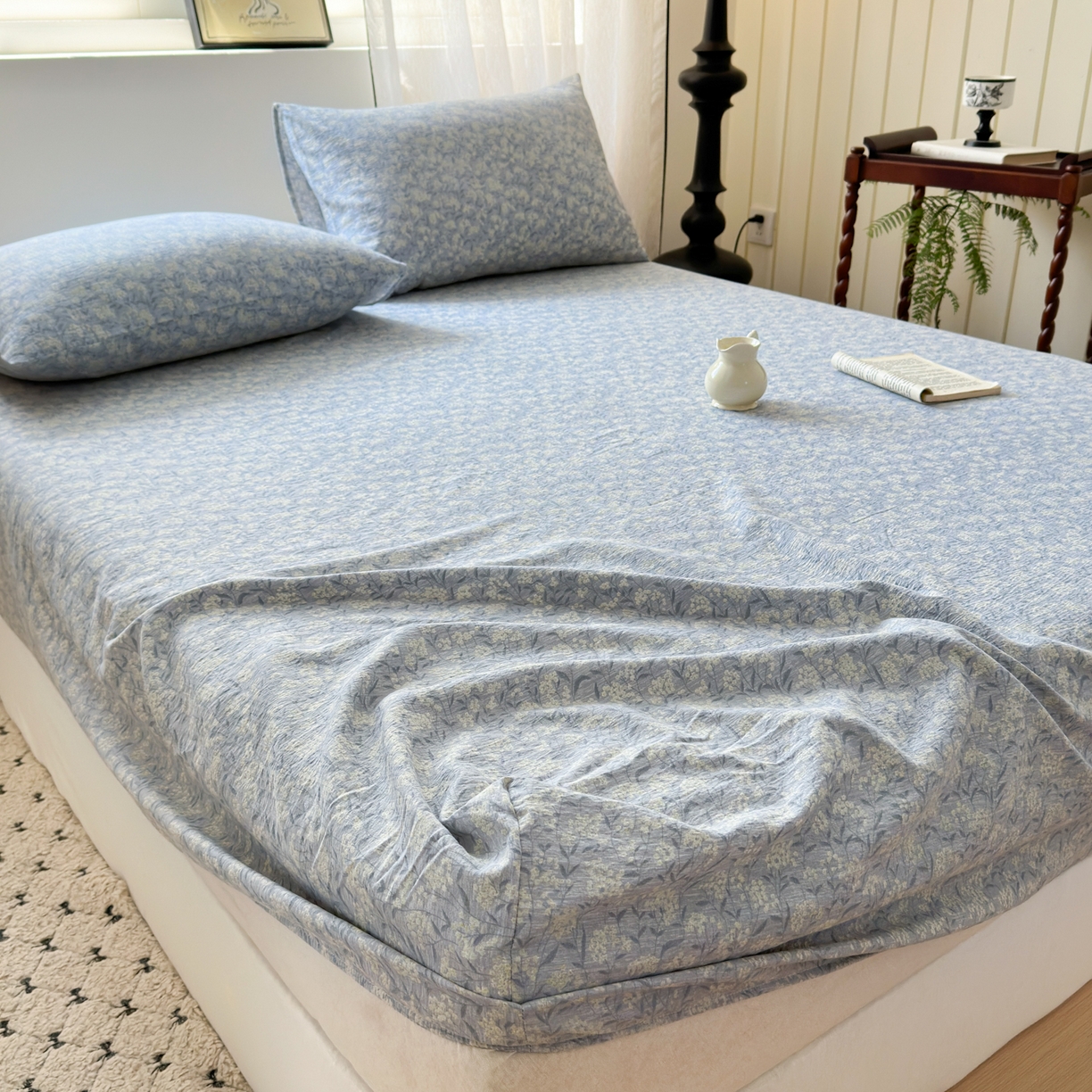 91家纺网 家纺一手货源 找家纺 一霖家纺 2025新款仿麻皱皱纱单床笠 南亭晚风