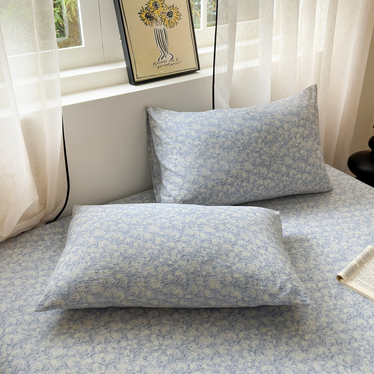 91家纺网 家纺一手货源 找家纺 一霖家纺 2025新款仿麻皱皱纱单床笠 南亭晚风