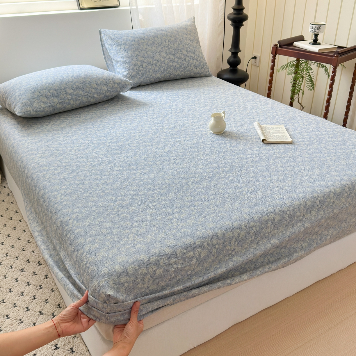 一霖家纺 2025新款仿麻皱皱纱单床笠 南亭晚风