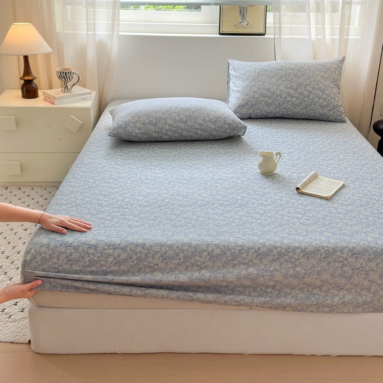 91家纺网 家纺一手货源 找家纺 一霖家纺 2025新款仿麻皱皱纱单床笠 南亭晚风