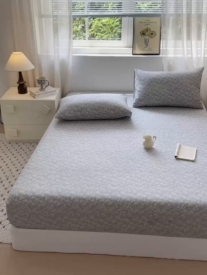 91家纺网 家纺一手货源 找家纺 一霖家纺 2025新款仿麻皱皱纱单床笠 南亭晚风