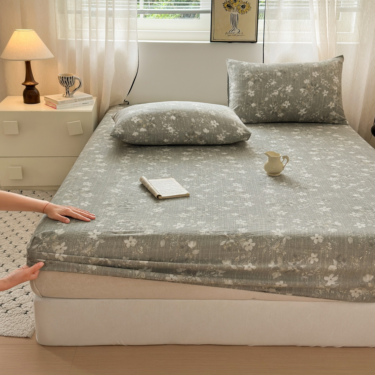 91家纺网 家纺一手货源 找家纺 一霖家纺 2025新款仿麻皱皱纱单床笠 幽兰拂晓