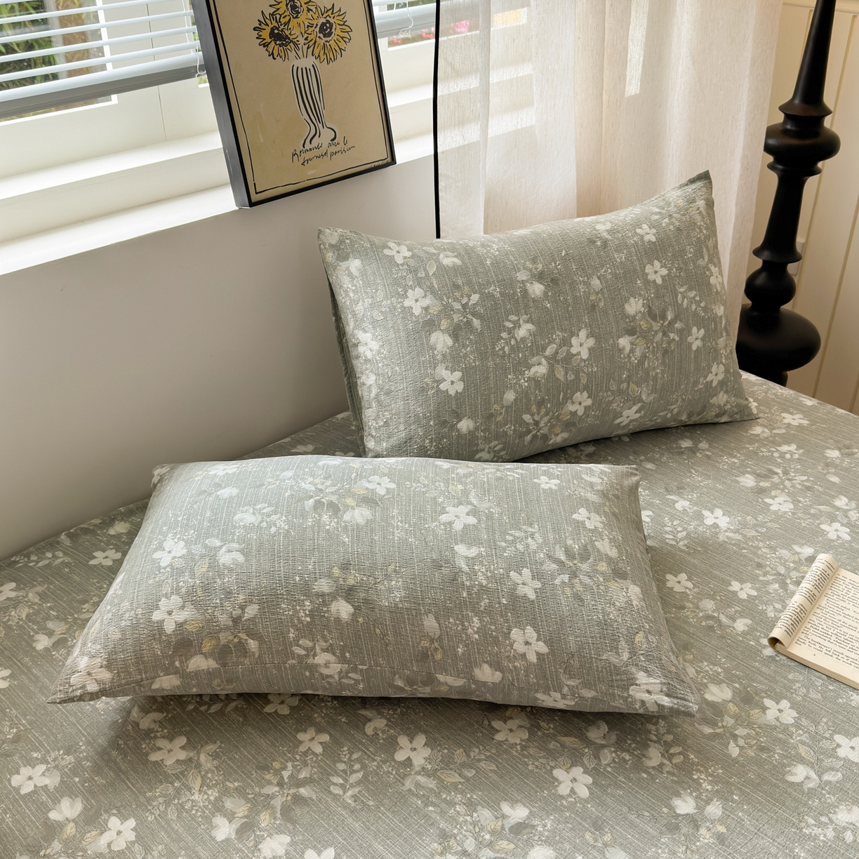 91家纺网 家纺一手货源 找家纺 一霖家纺 2025新款仿麻皱皱纱单床笠 幽兰拂晓