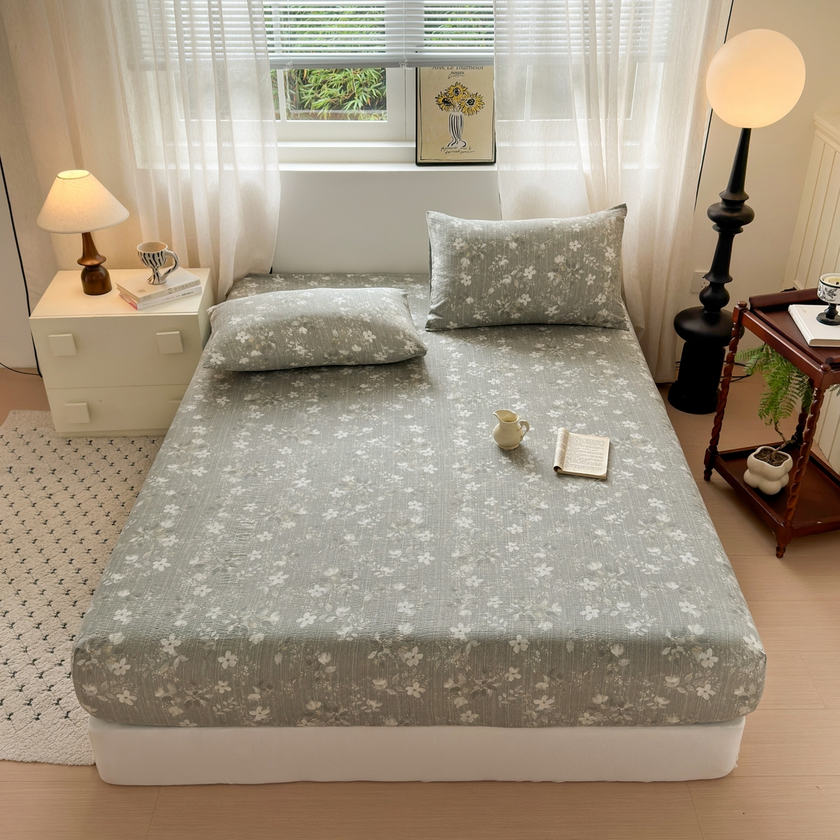 91家纺网 家纺一手货源 找家纺 一霖家纺 2025新款仿麻皱皱纱单床笠 幽兰拂晓