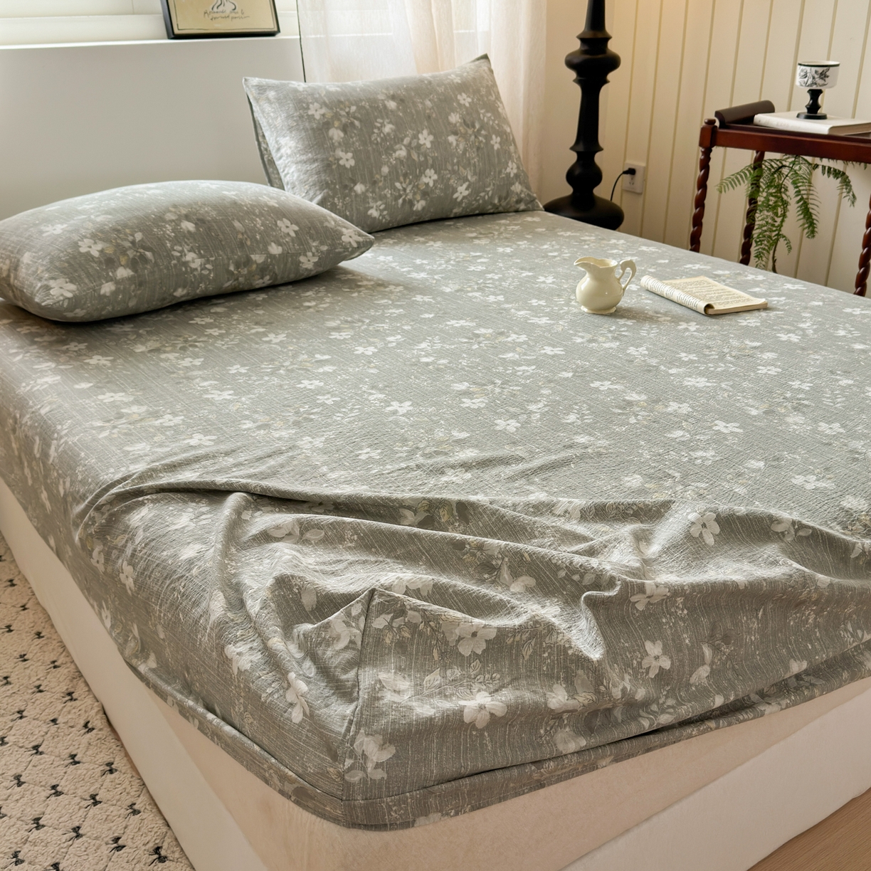 91家纺网 家纺一手货源 找家纺 一霖家纺 2025新款仿麻皱皱纱单床笠 幽兰拂晓