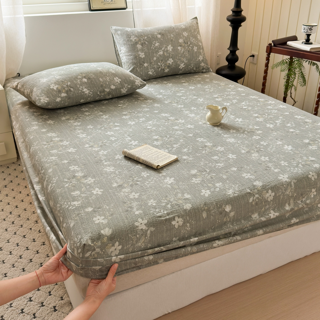 一霖家纺 2025新款仿麻皱皱纱单床笠 幽兰拂晓